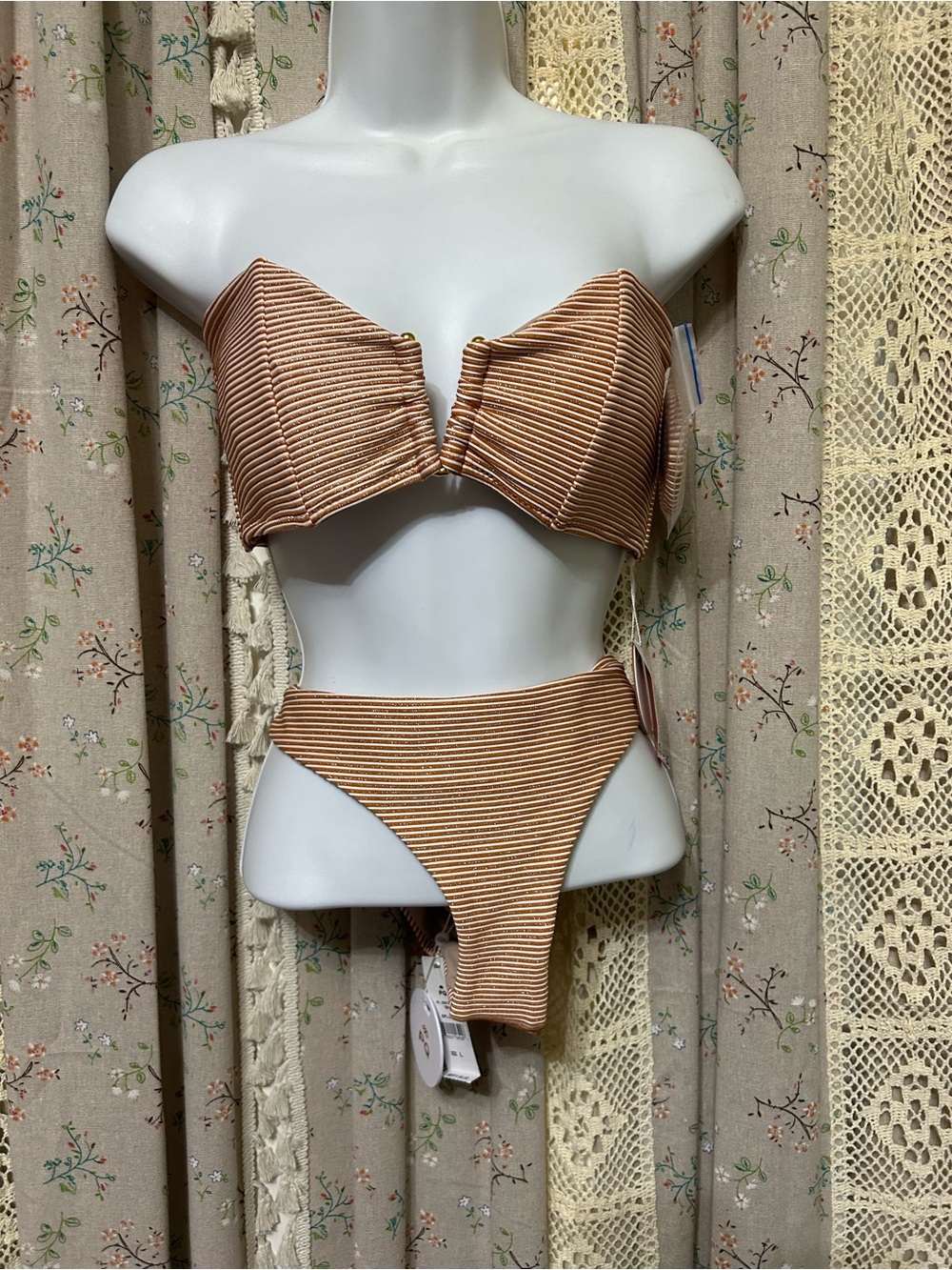PQ Swim NWT Lurex Stripe Bikini Set D Cup Top & Large Bottom